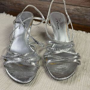 The Touch of Nina Strappy Open Toe Heels, Silver, Size 7